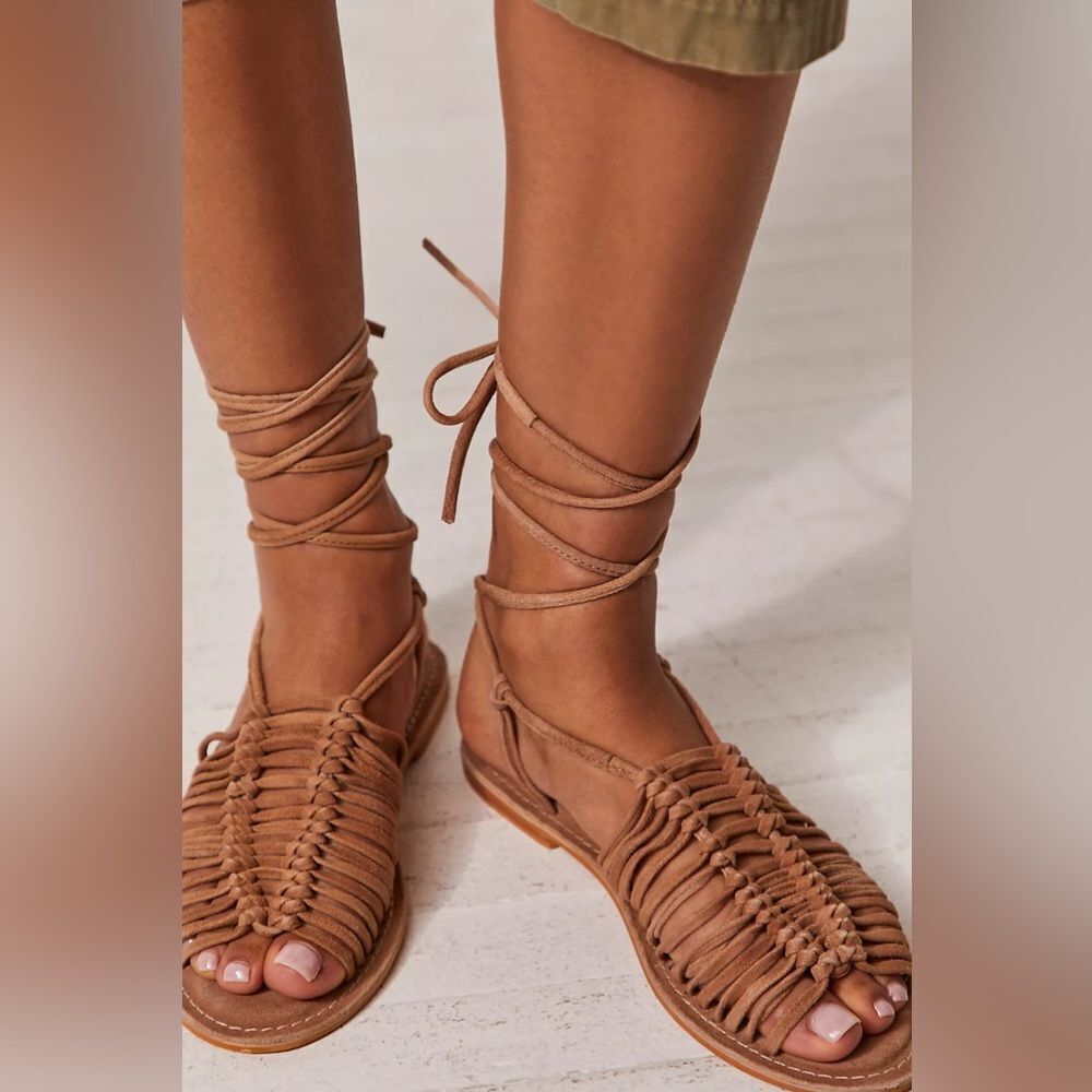 Free People Tan Leather Lace-Up Huarache Sandals